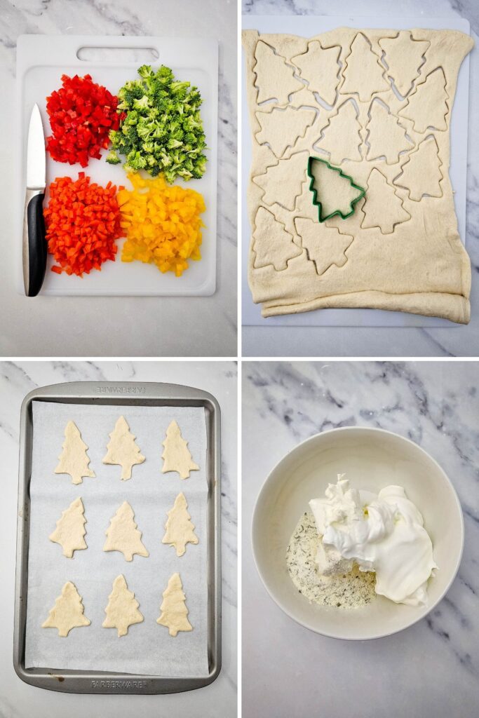 Christmas tree pizzas process shots collage.