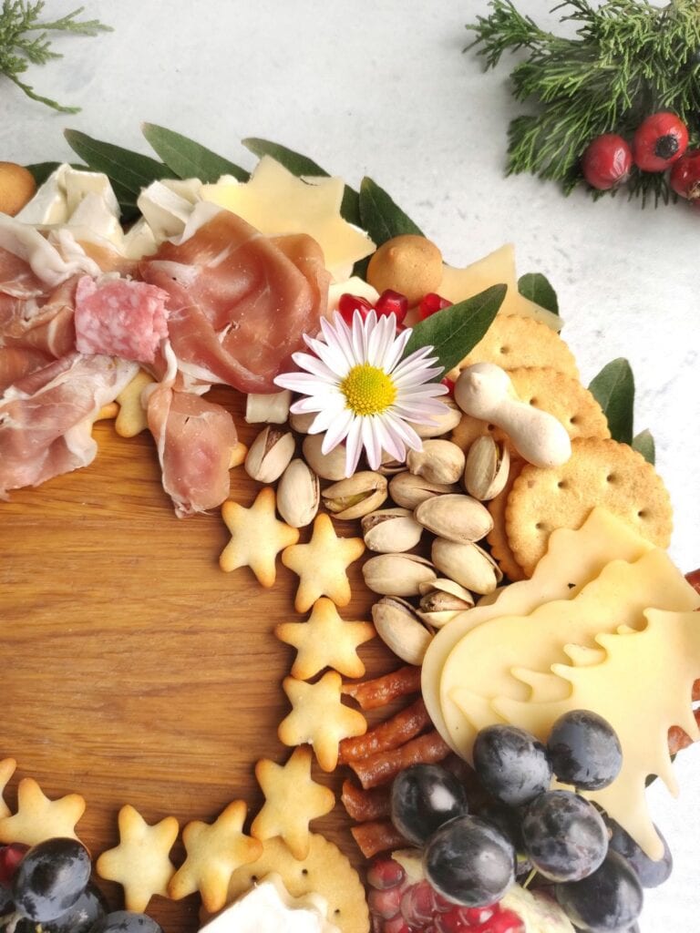 A close up shot of Christmas wreath charcuterie board.