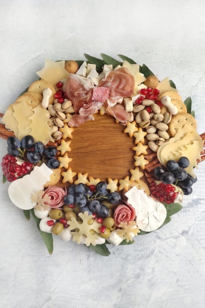 A close up shot of Christmas wreath charcuterie board.