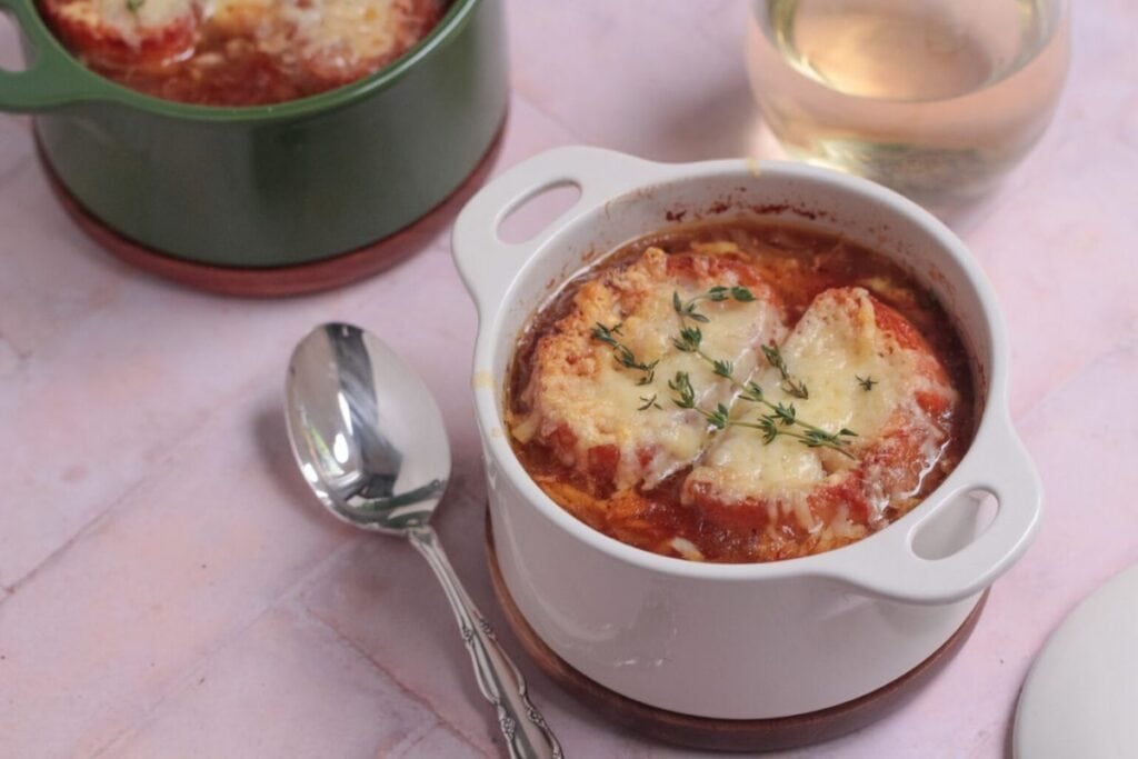 A close up shot of onion soup.
