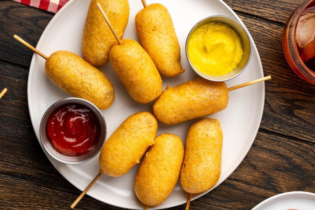 Overhead view of corn dogs on a plate with ketchup and mustard.