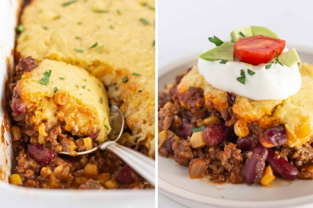 Two images: cornbread casserole with ground beef, beans, and corn, topped with sour cream.
