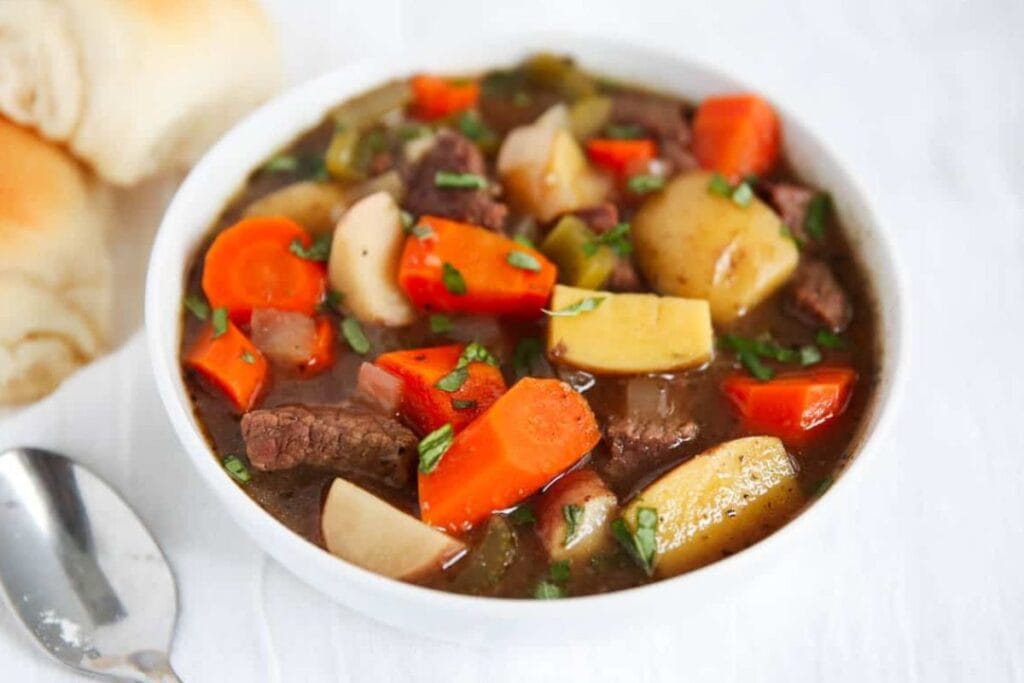 A close up shot of beef stew.