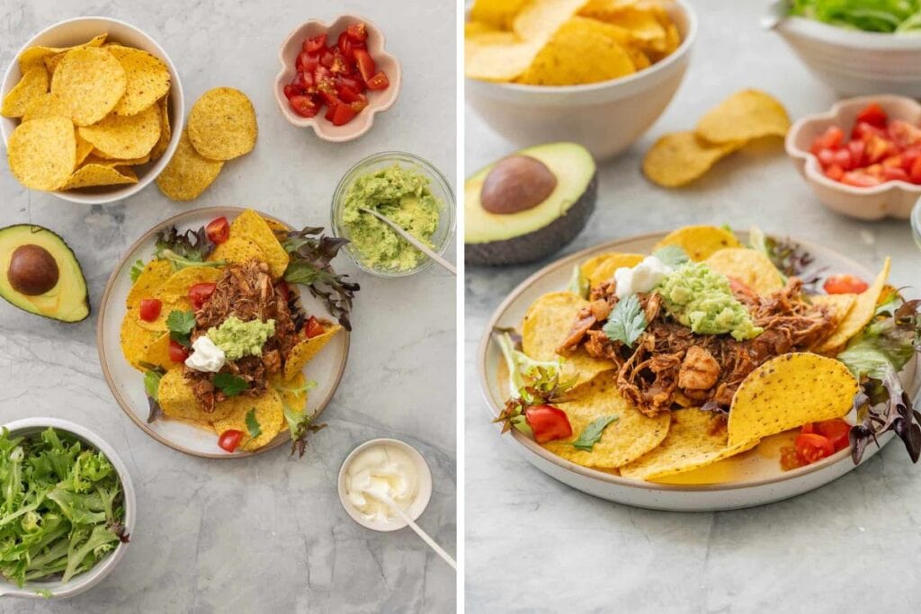 Two-shot image of chicken nachos with chips, guacamole, sour cream, and tomatoes.