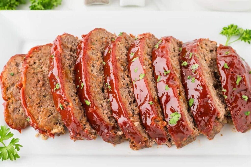 Sliced meatloaf with a ketchup glaze on a white serving platter, garnished with parsley.