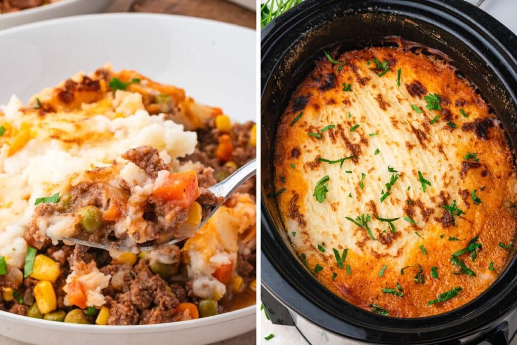 Two images: Shepherd's pie with mashed potato topping, one in a bowl, one in a crockpot.