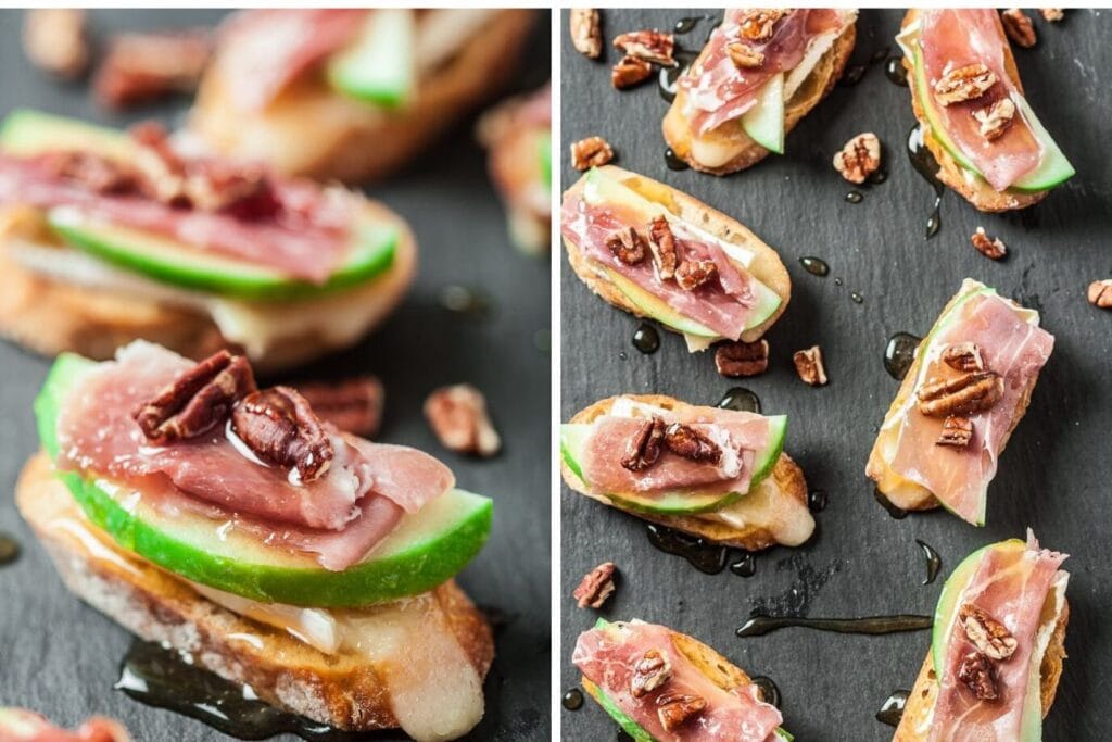 Crostini with apple, prosciutto, pecans, and honey drizzle on slate.