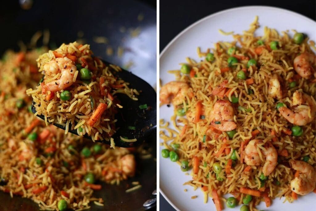 Two images: curry fried rice with shrimp, peas, and carrots.