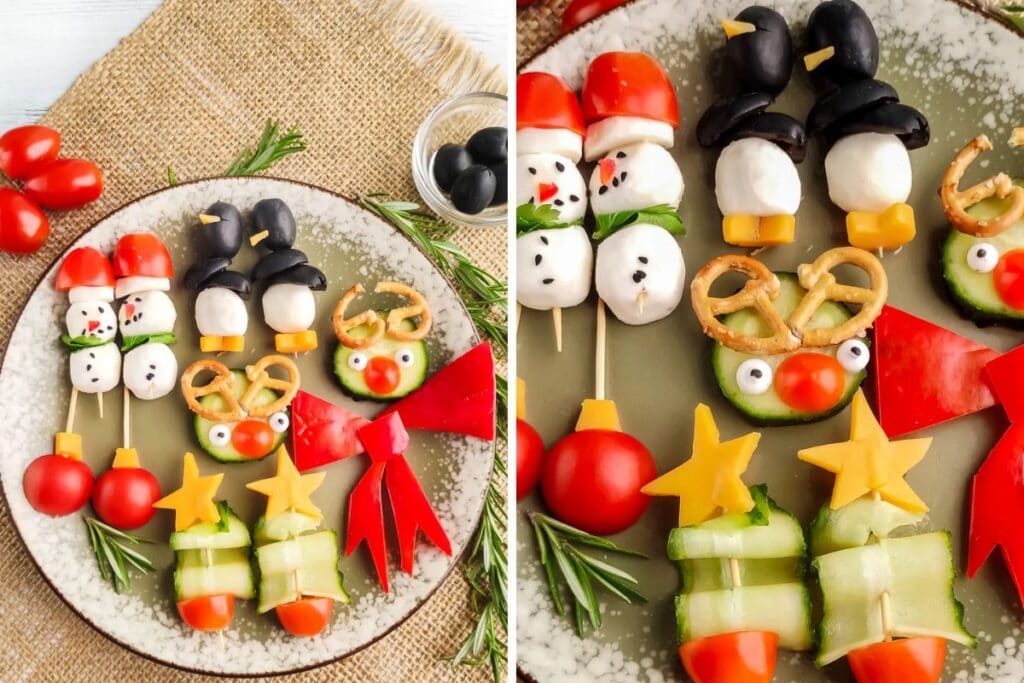A close up shot of Christmas-themed appetizers.