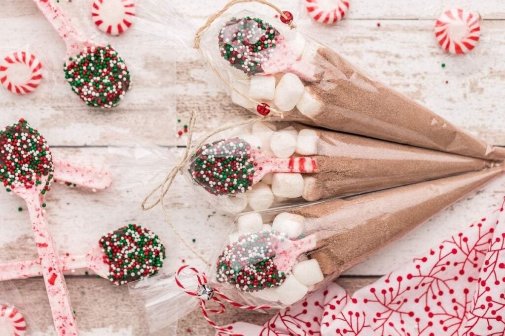 A close up shot of peppermint candy spoons.