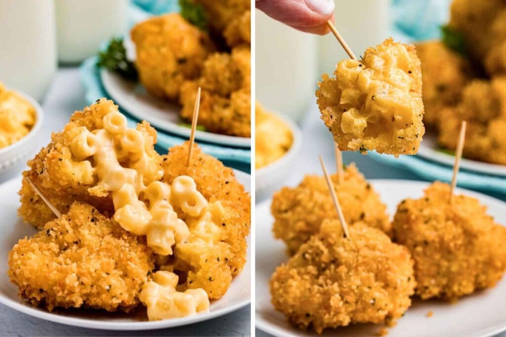 Golden fried mac and cheese bites on a white plate, held together with toothpicks.
