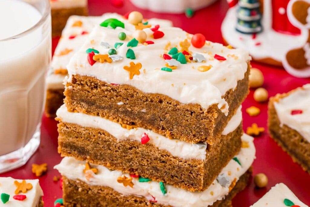 A close up shot of gingerbread bars.