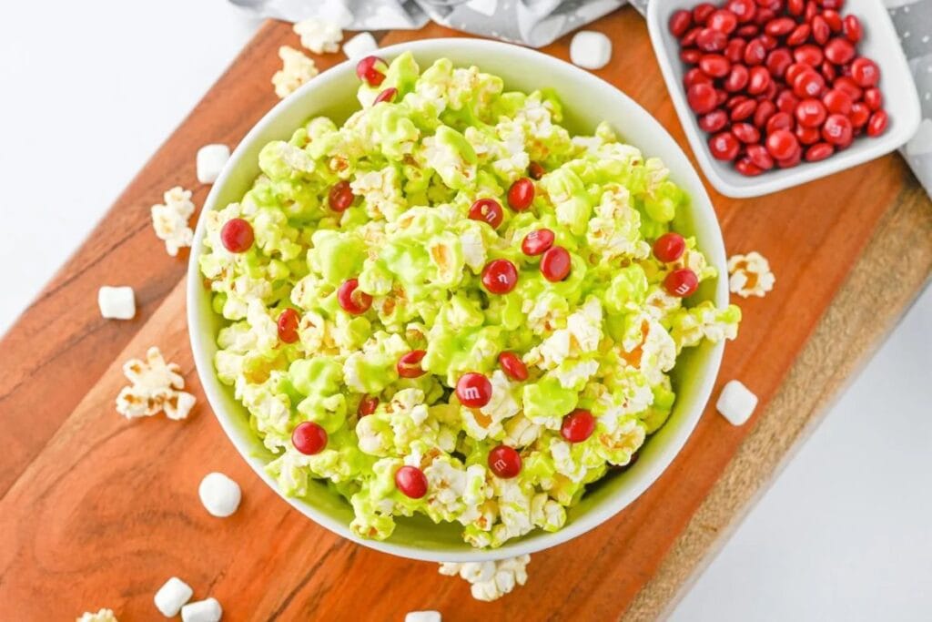 Grinch popcorn in a bowl.