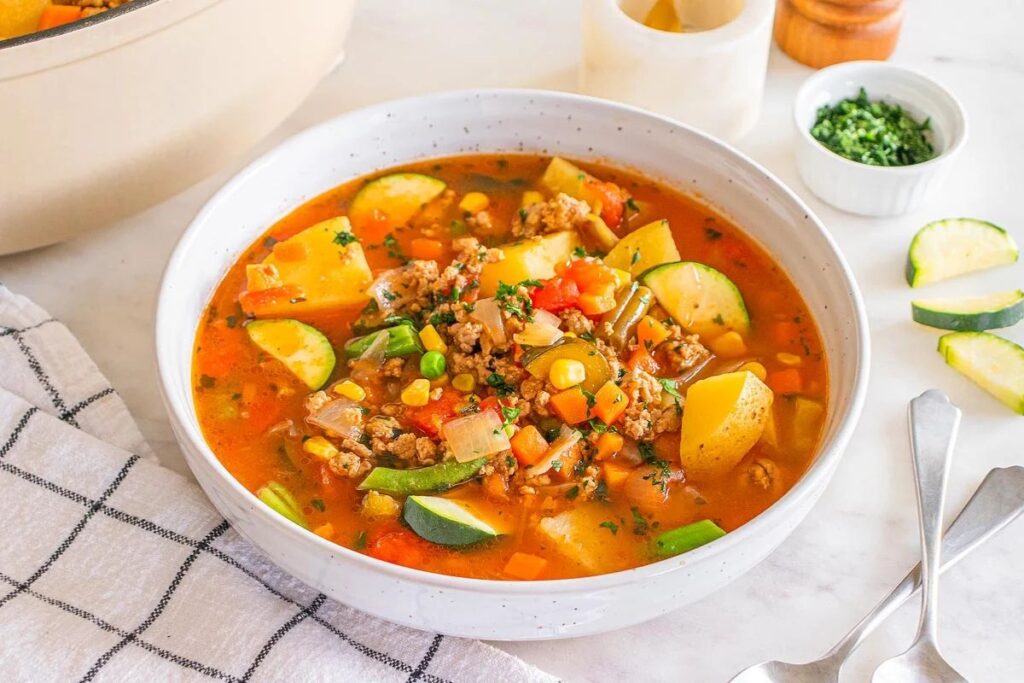 Bowl of ground turkey vegetable soup with zucchini, potatoes, and corn.