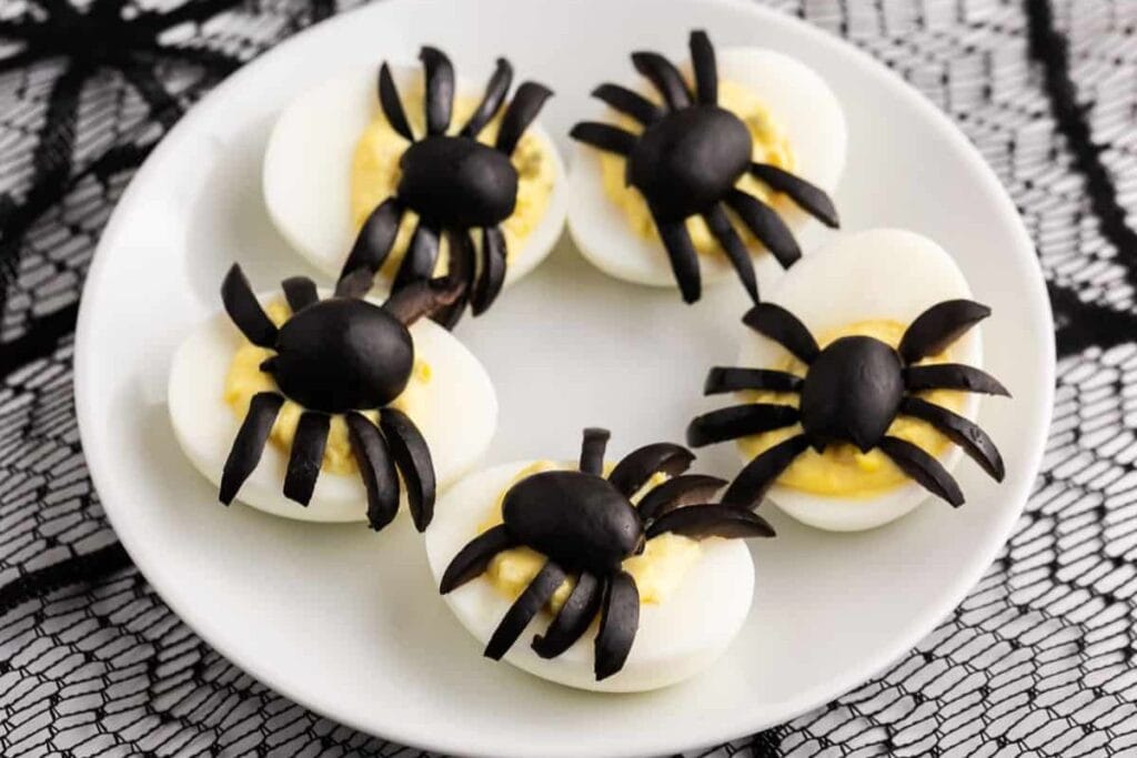 A close up shot of deviled eggs.