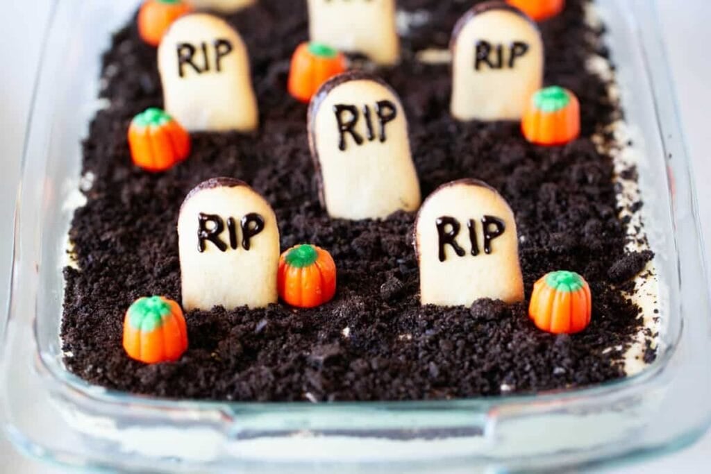 A close up shot of dirt cake.