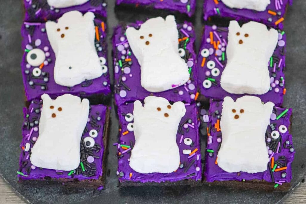 A close up shot of ghost brownies.