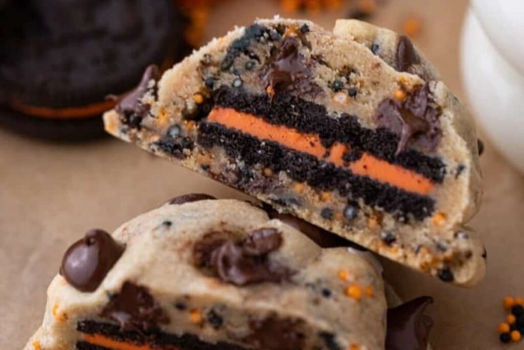 A close up shot of Oreo stuffed chocolate chip cookies.