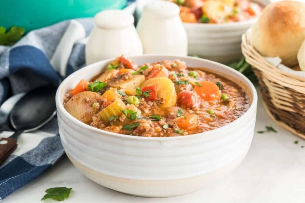A close up shot of hamburger stew.