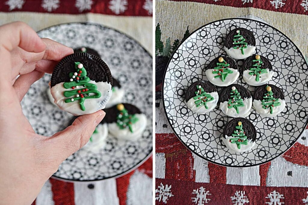 Split image: Oreo cookies dipped in white chocolate with Christmas tree decorations on a patterned plate.