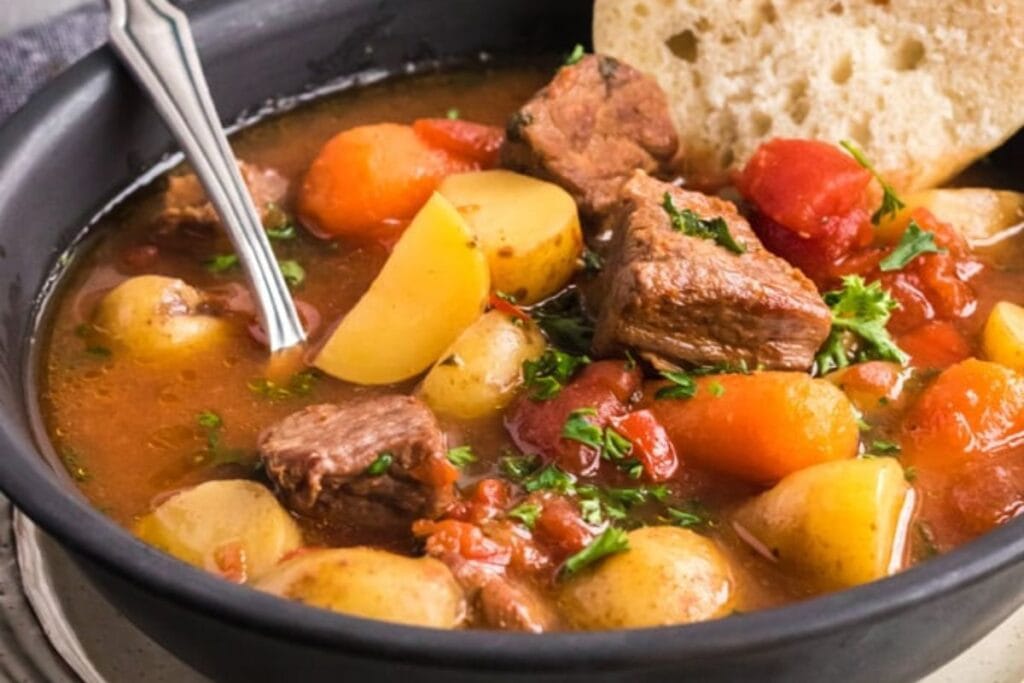 A close up shot of goulash.