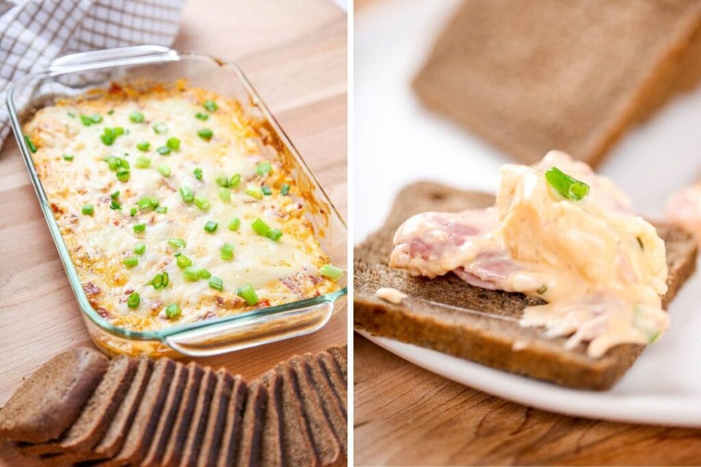 Two images of hot Reuben dip with melted cheese and rye bread.