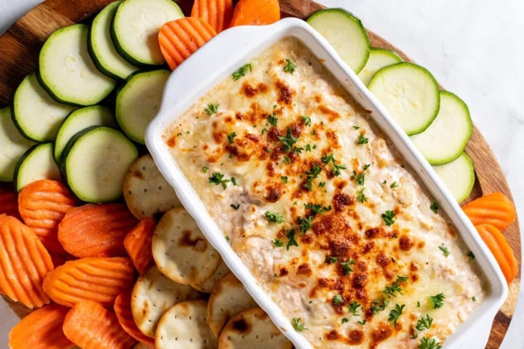Hot shrimp dip with melted cheese, surrounded by zucchini, carrots, and crackers.