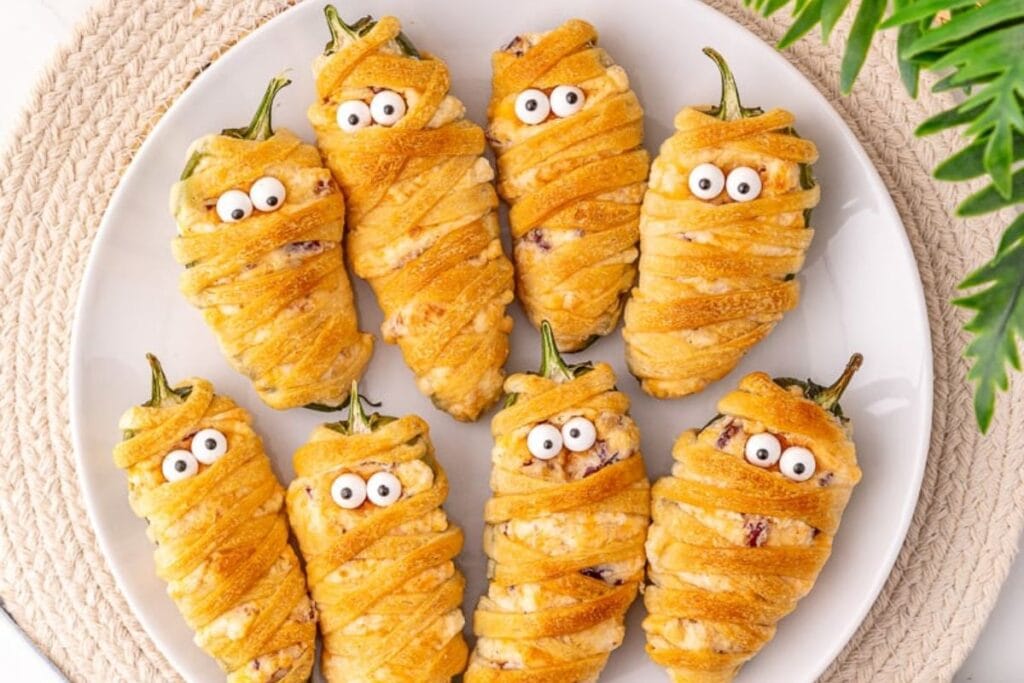 A close up shot of jalapeno popper mummies.