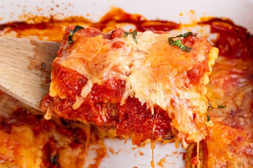 A close up shot of lasagna.