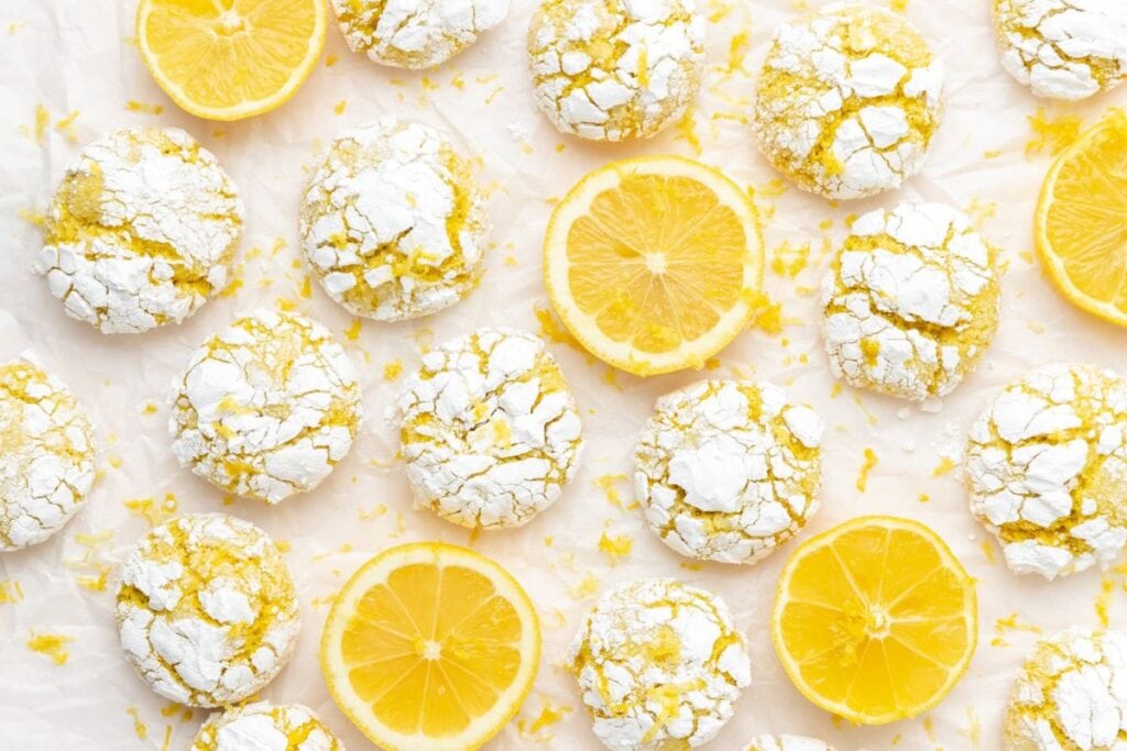 A close up shot of lemon crinkle cookies.