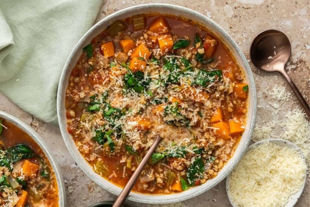 A close up shot of vegetable soup.