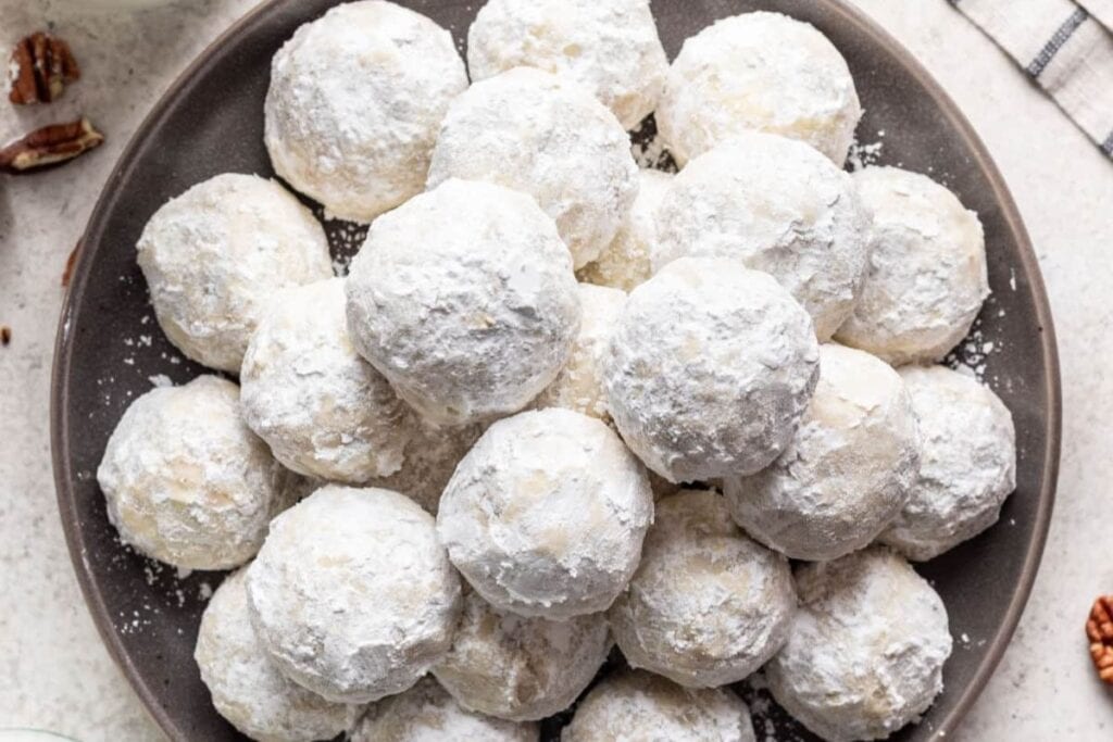 A close up shot of wedding cookies.