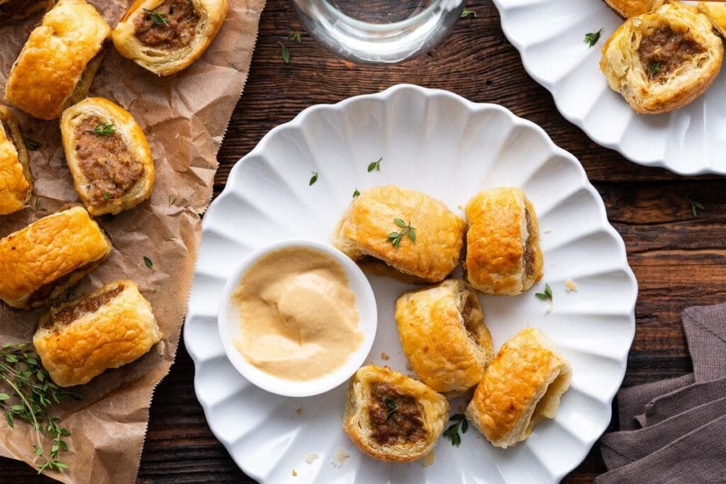 Sausage rolls on a white plate with dipping sauce and a glass of water.