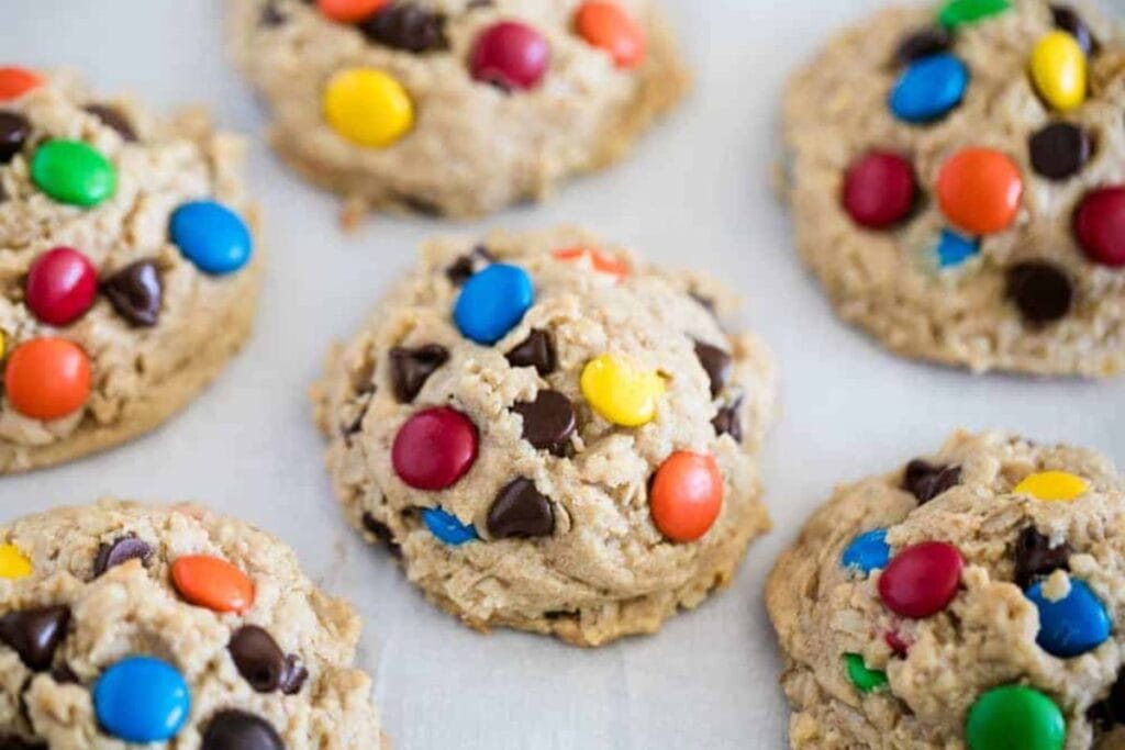 A close up shot of monster cookies.