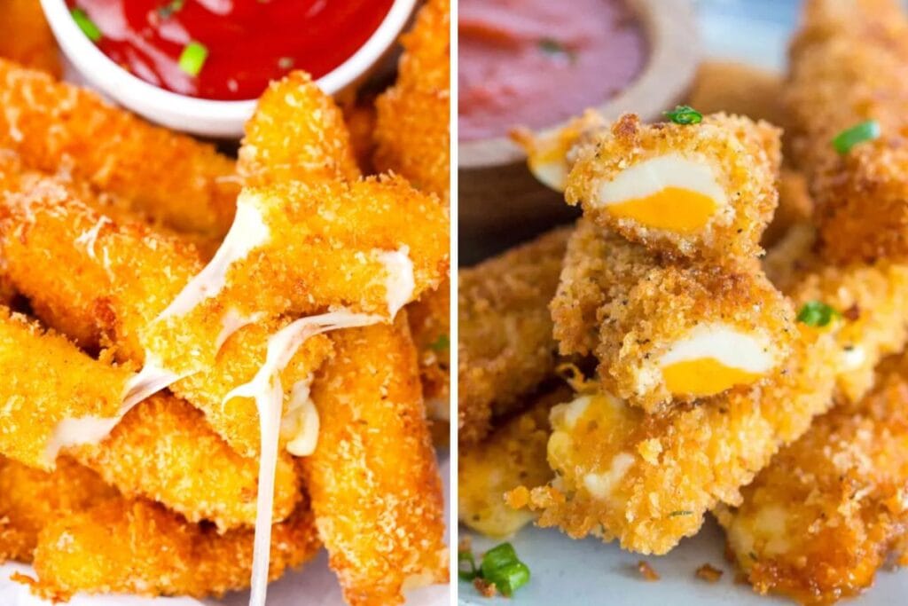 Two images: fried mozzarella sticks with dipping sauce, cheese pull visible.