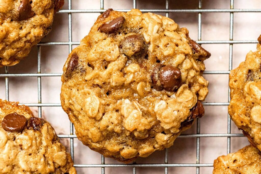 A close up shot of oatmeal cookies.