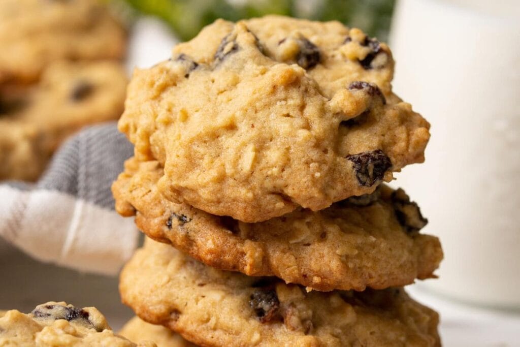 A close up shot of raisin cookies.