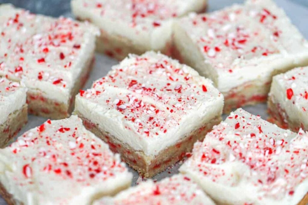 A close up shot of peppermint cookie bars.
