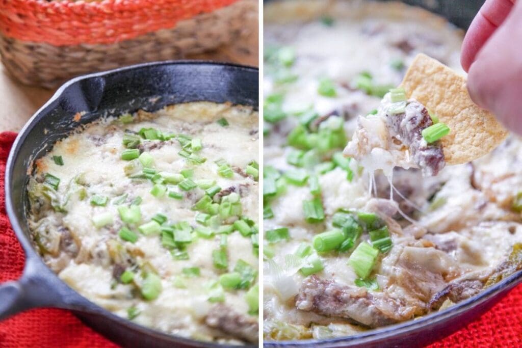Two images of Philly cheesesteak dip in a cast iron skillet with green onions.