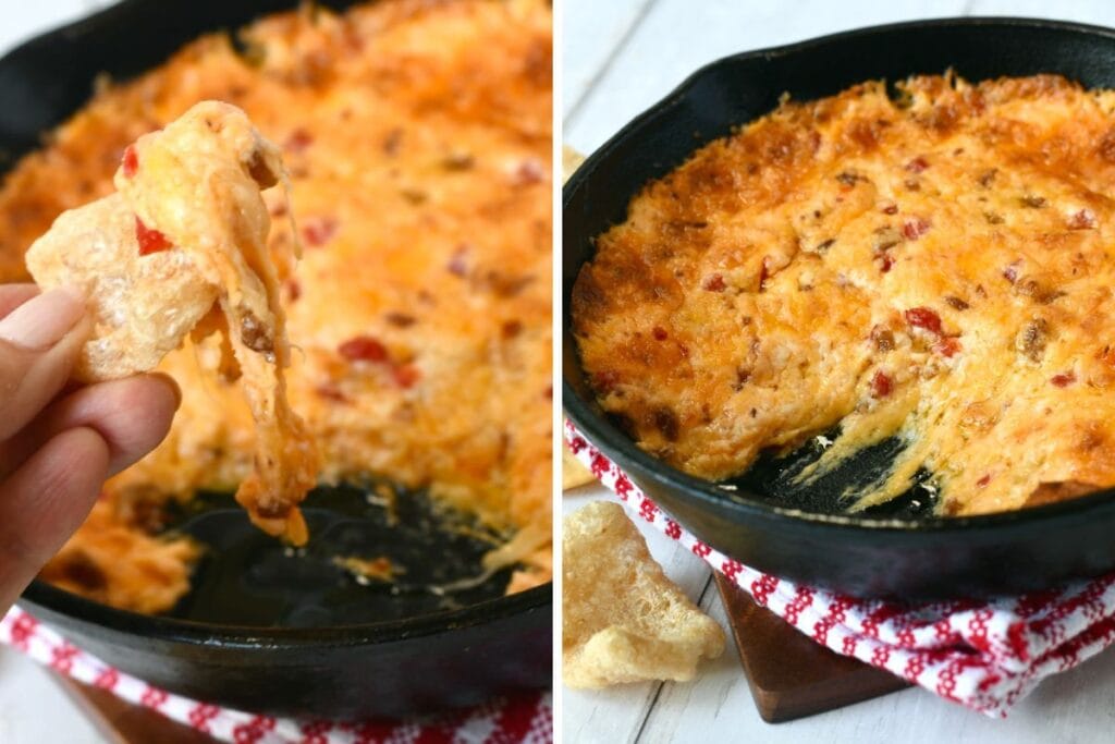 Two images of pimento cheese dip in a cast iron skillet with pork rinds.