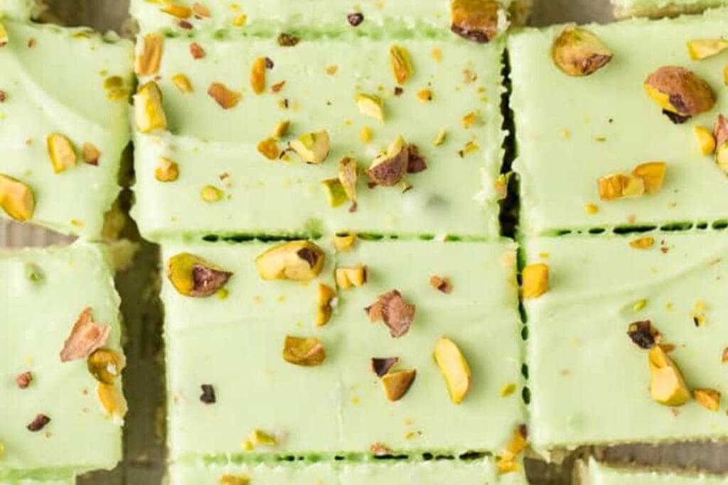 A close up shot of pistachio cream bars.