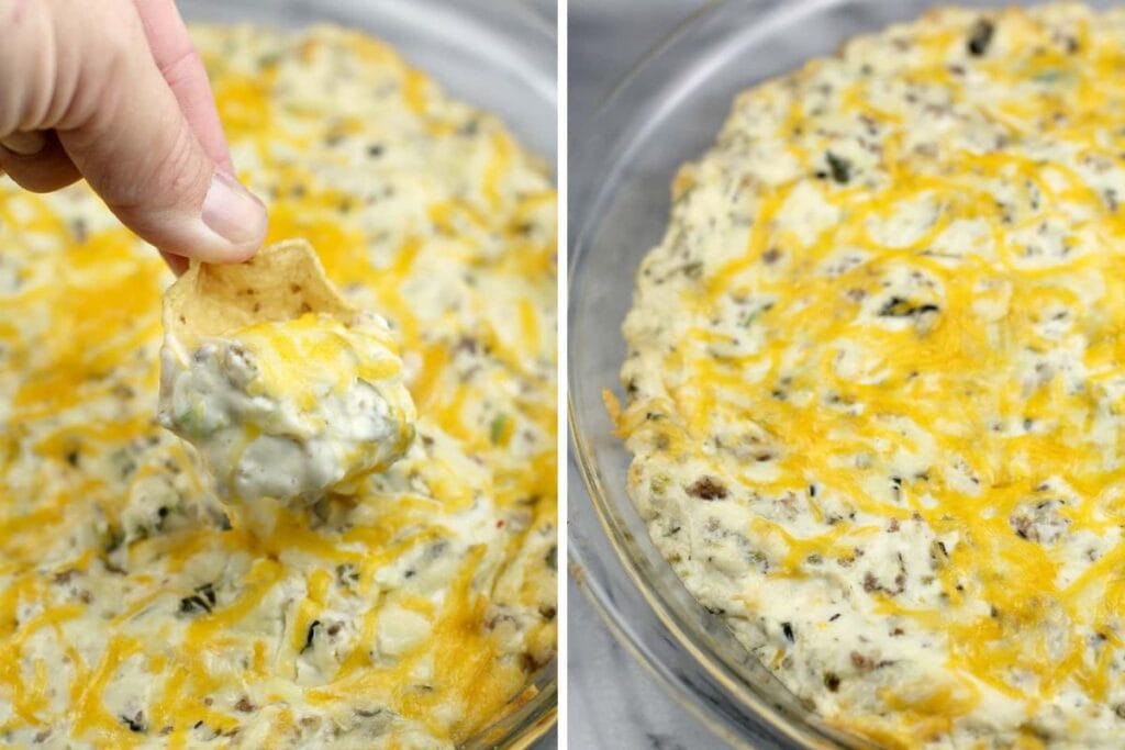 Two images of poblano and sausage dip with melted cheese in a glass dish.
