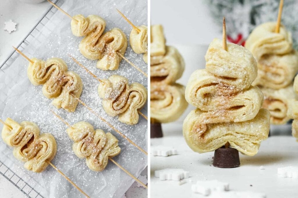 Two photos of puff pastry Christmas trees on sticks.
