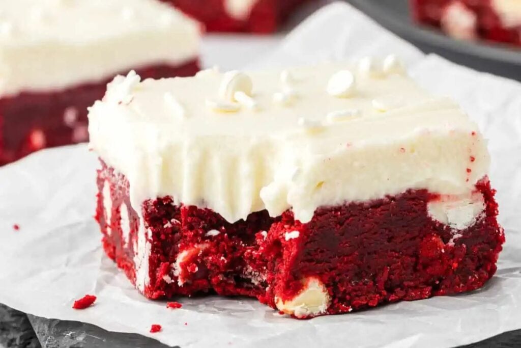 A close up shot of red velvet bars.