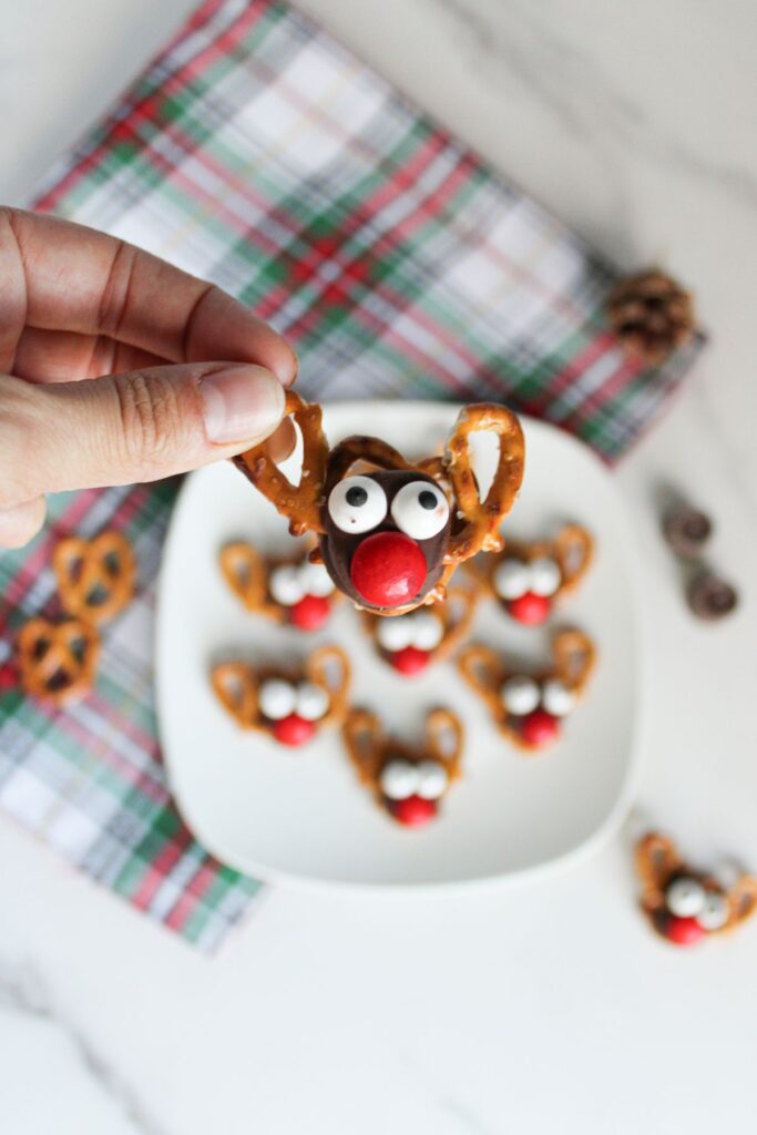A close up shot of reindeer Rolo pretzels.