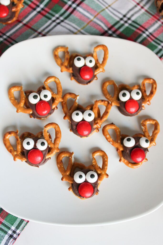 A close up shot of reindeer Rolo pretzels.