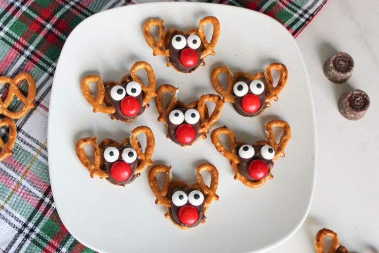 A close up shot of reindeer Rolo pretzels.