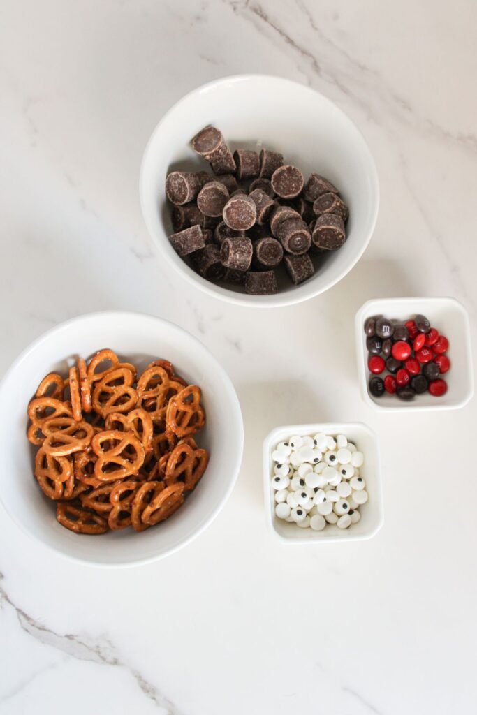 Ingredients for reindeer Rolo pretzels.