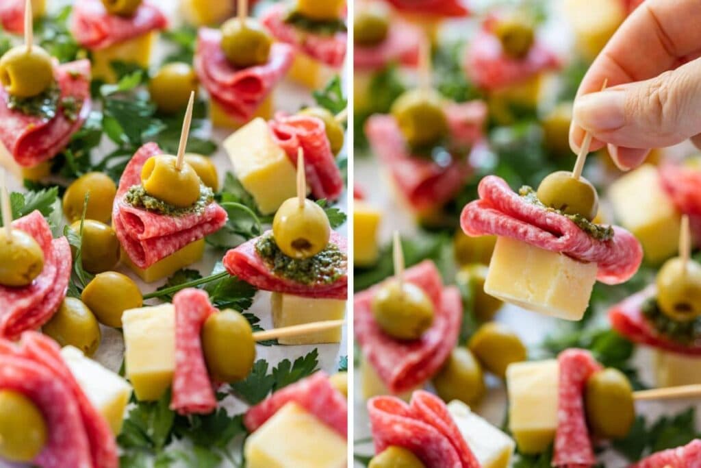 Salami and cheese skewers with olives and pesto.