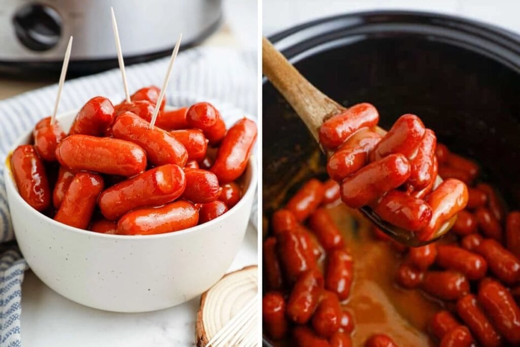 Little smokies in BBQ sauce, served in a bowl with toothpicks and in a slow cooker.